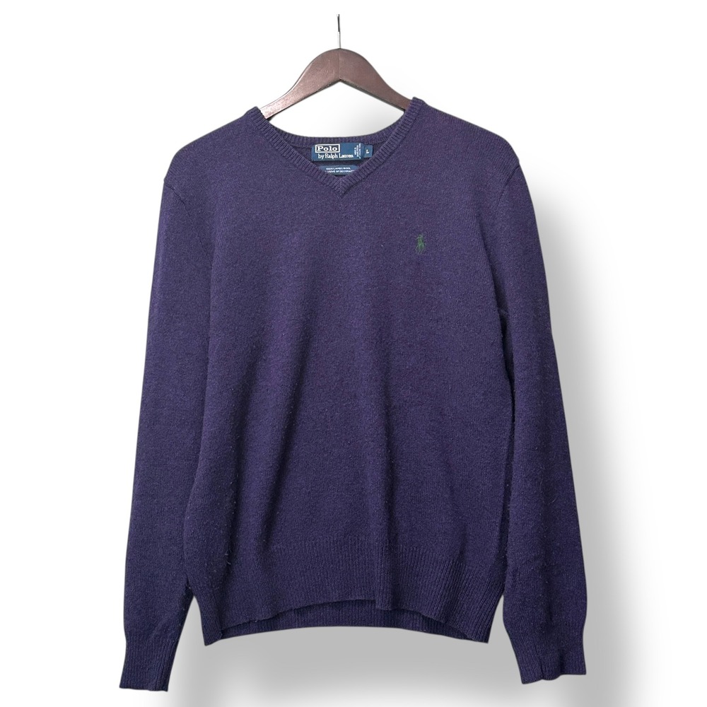 Polo Ralph Lauren Men Lambswool Purple V Neck Sweater L Knit Heritage‎ Preppy